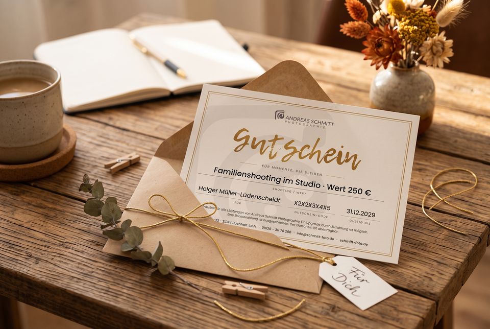 Gutschein für ein Fotoshooting auf einem Holztisch mit Kaffee und Trockenblumen