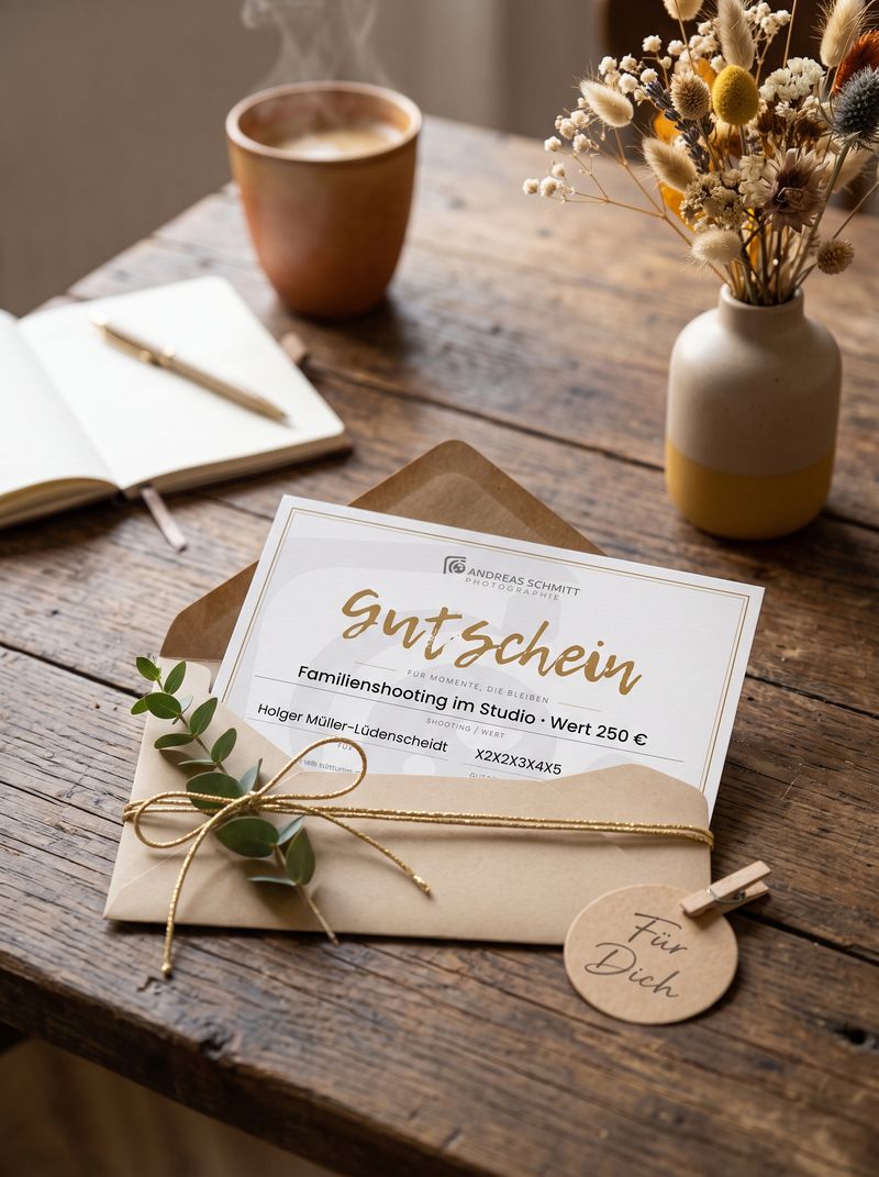 Gutschein für ein Fotoshooting im Hochformat, auf einem Holztisch